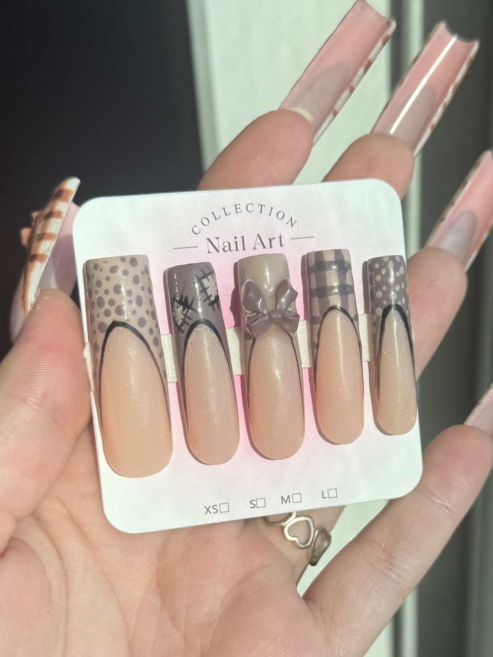 Neutral Nude Press-On Nail Set with Taupe Bow Accent